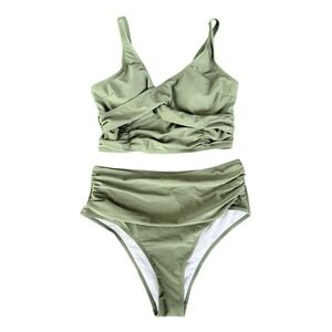 Sage Green Ruched High Waisted Bikini Set Wrap Top Two Piece Swimsuit Large
